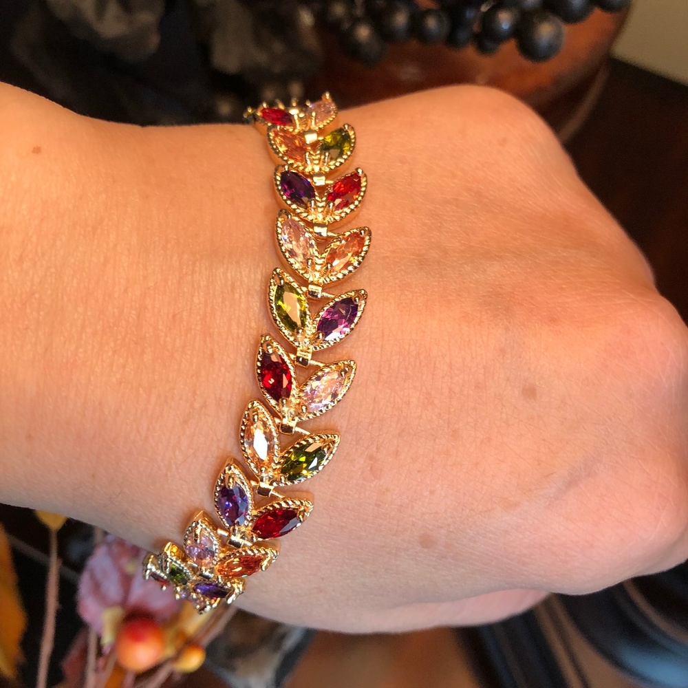 AAA Cubic Zirconia Colorful Crystal Leaf Bracelet - Picture 5 of 7